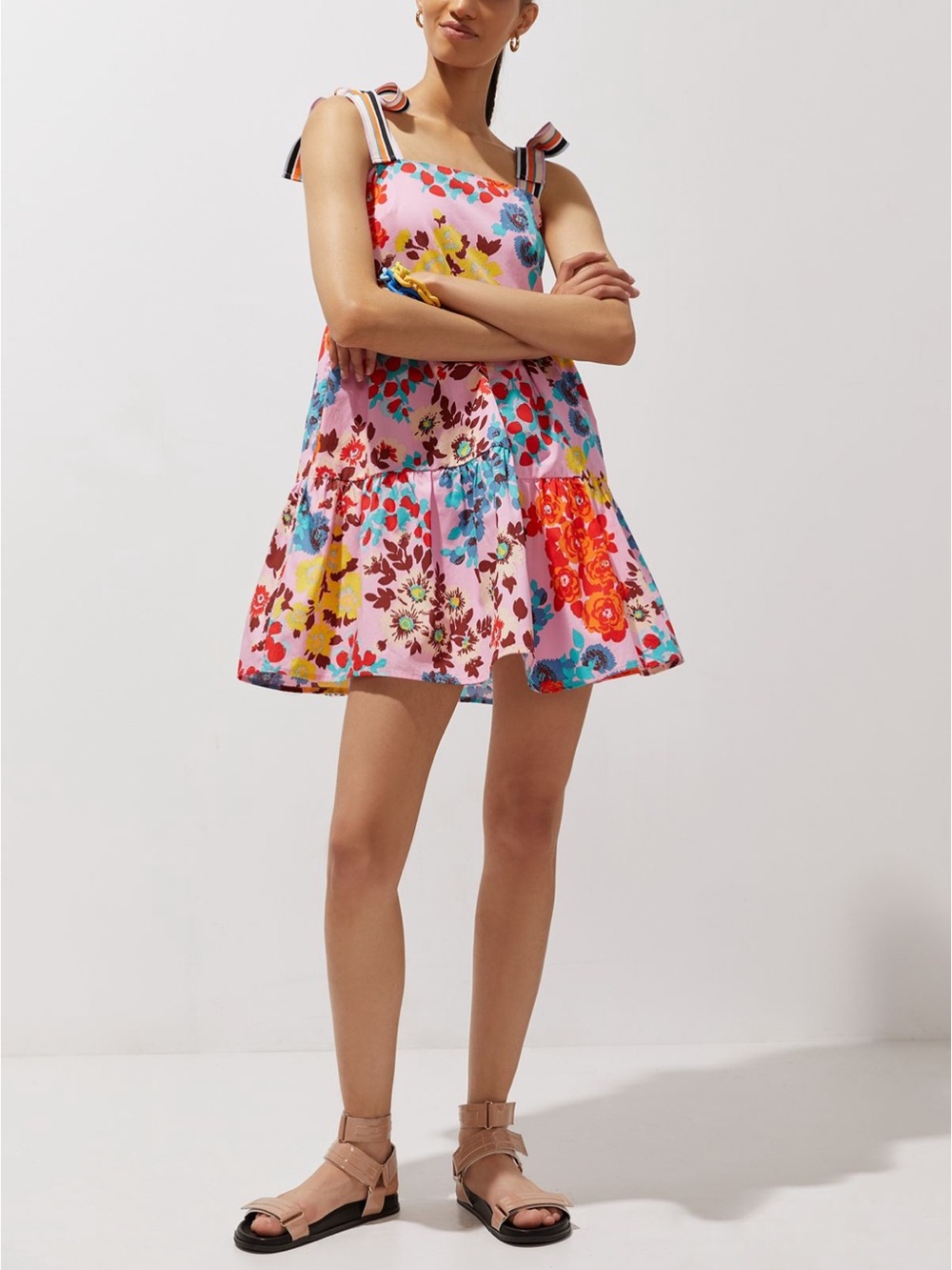 Peter Som Pink Floral Tiered Mini Dress with Striped Tie Straps
